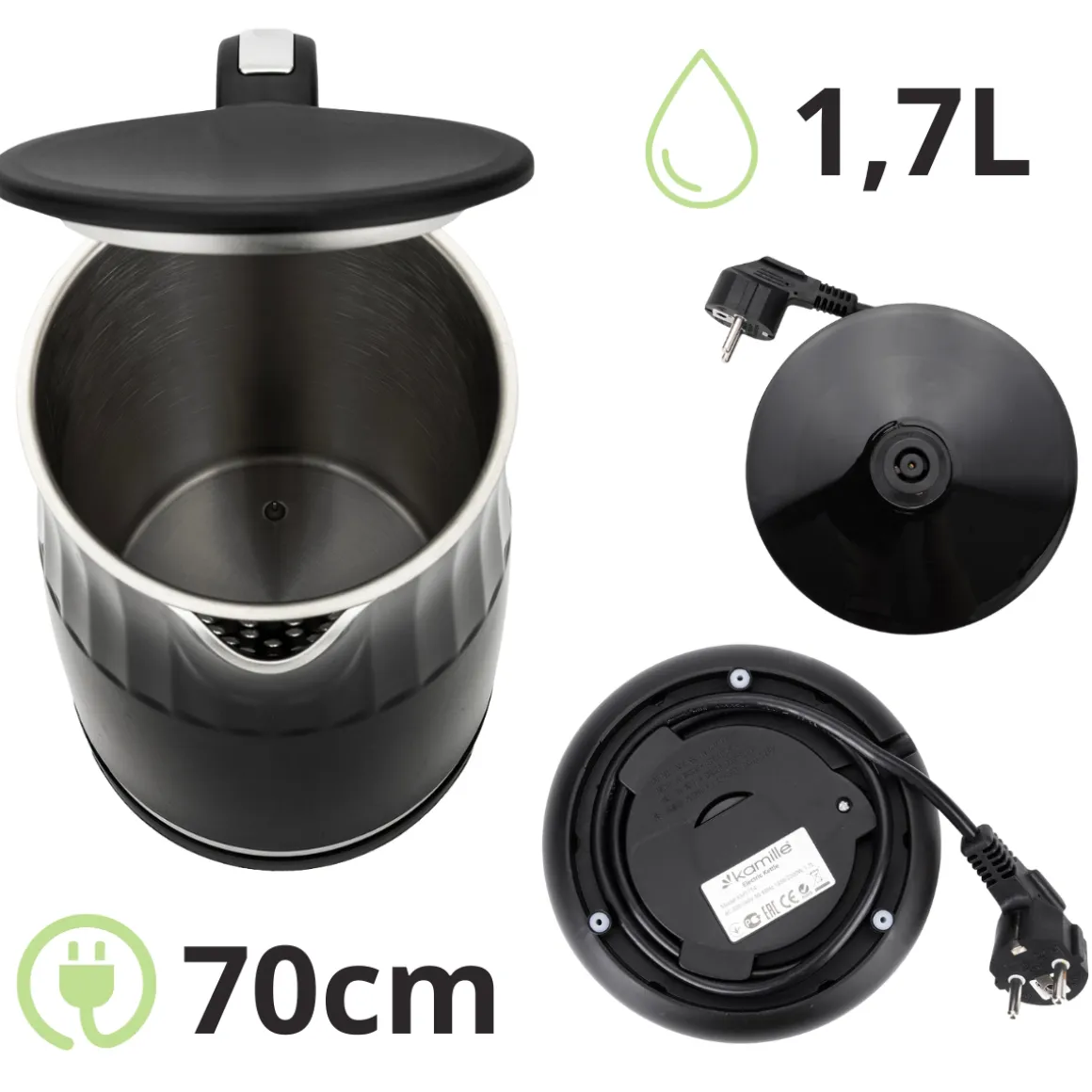 Czajnik elektryczny z regulacją temp. bezprzewodowy 1,7L panel 2200W