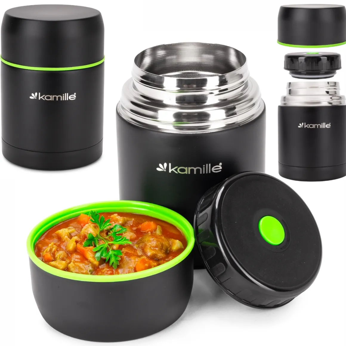 Czarny termos obiadowy, lunchbox na zupę, obiad 0,5L