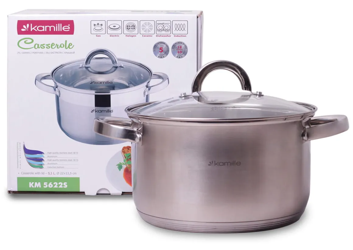 Garnek 22 cm 5,1 L z pokrywką INDUKCJA GAZ KAMILLE