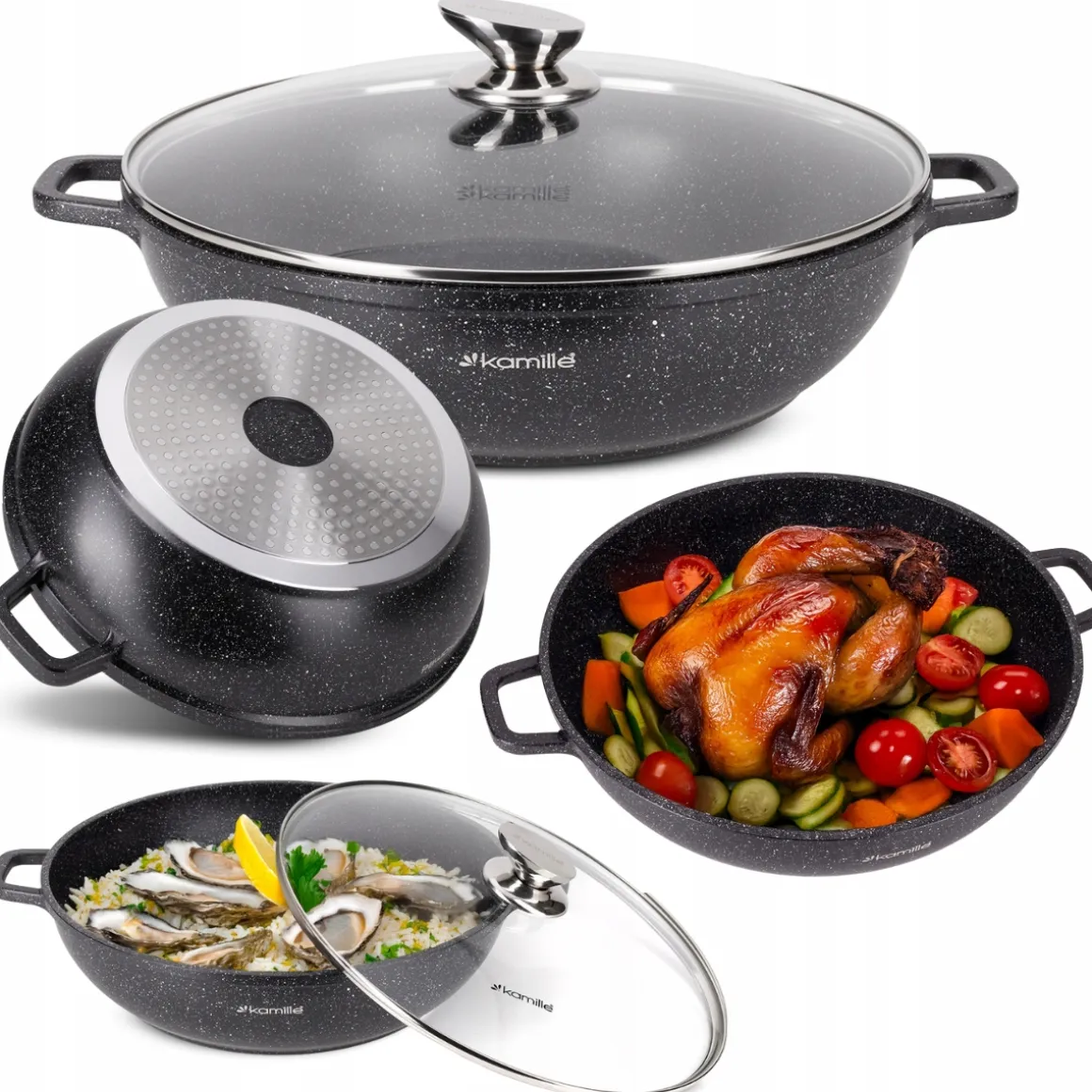 Garnek gar wok na inducję marmurowy 5,5L z pokrywką