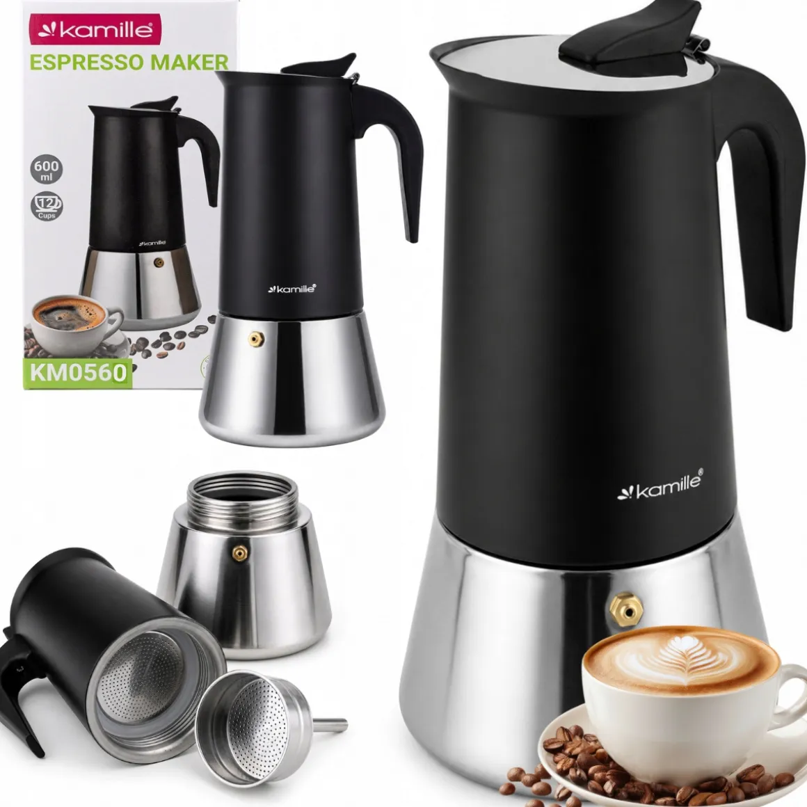 Kawiarka ciśnieniowa do kawy stalowa zaparzacz do espresso 600 ml Kamille