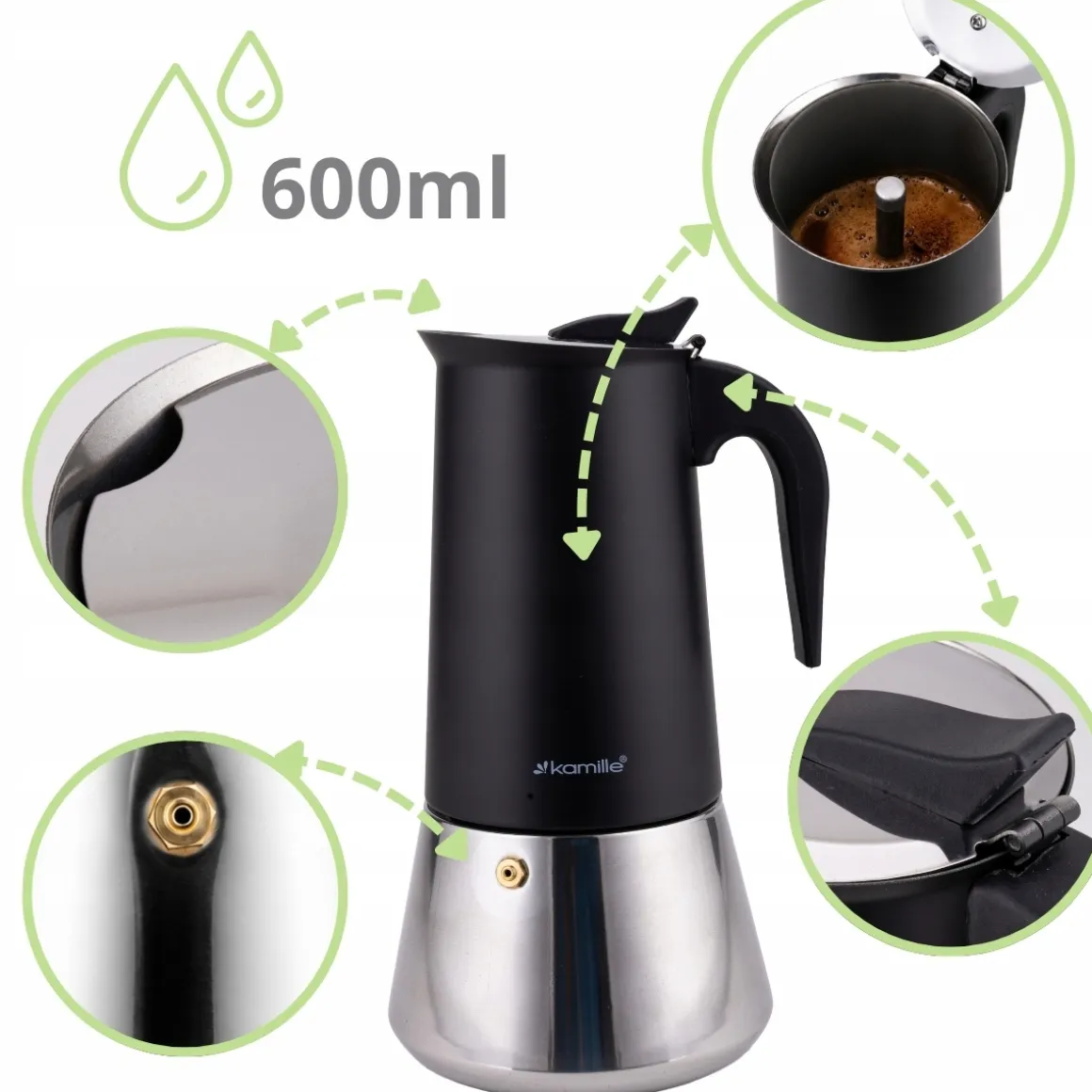 Kawiarka ciśnieniowa do kawy stalowa zaparzacz do espresso 600 ml Kamille