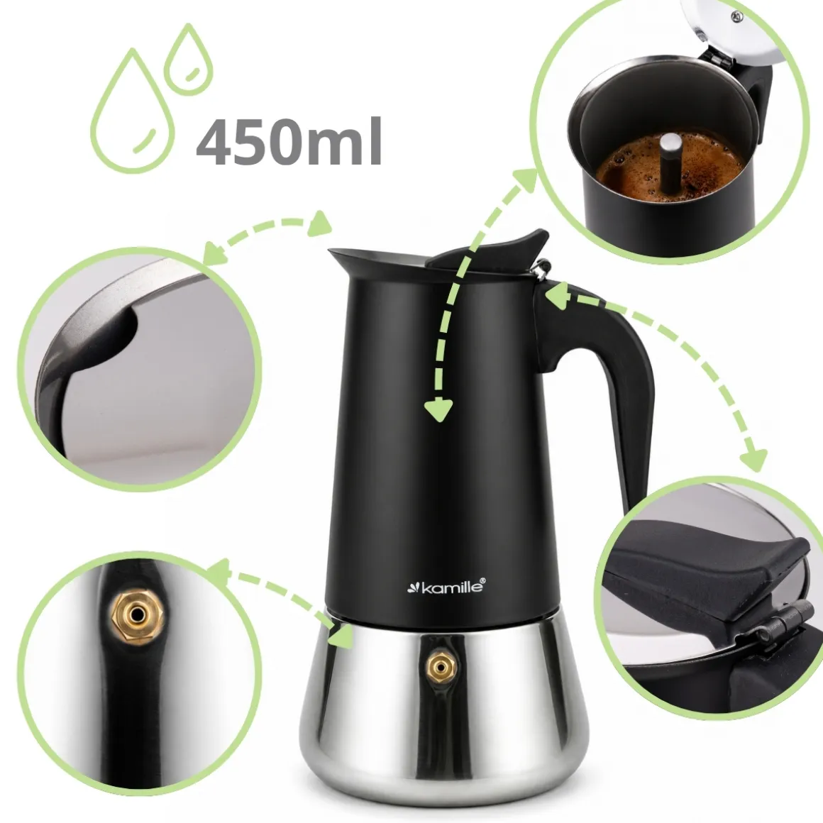 Kawiarka ciśnieniowa do kawy stalowa zaparzacz do espresso 450 ml Kamille