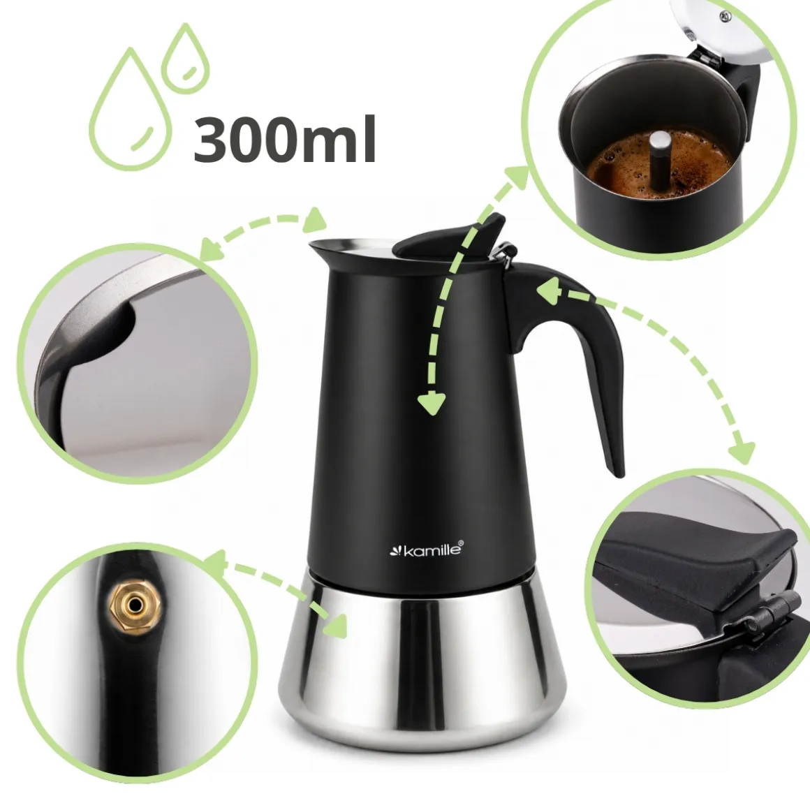 Kawiarka ciśnieniowa stalowa zaparzacz do kawy espresso 300 ml Kamille