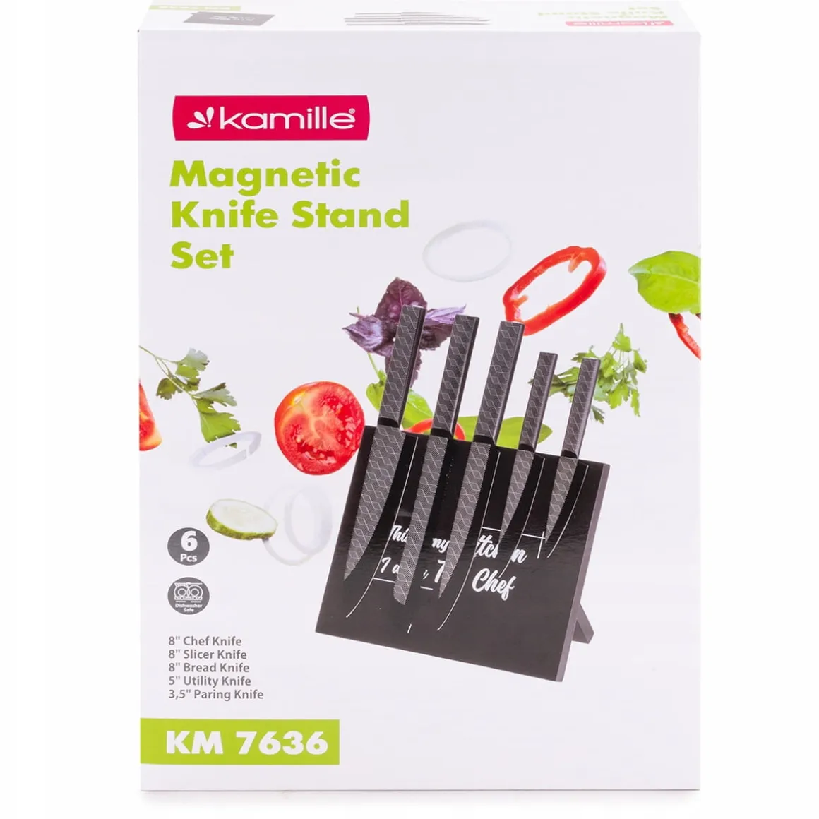 Nowoczesny komplet noży + magnetyczny stojak 6el.