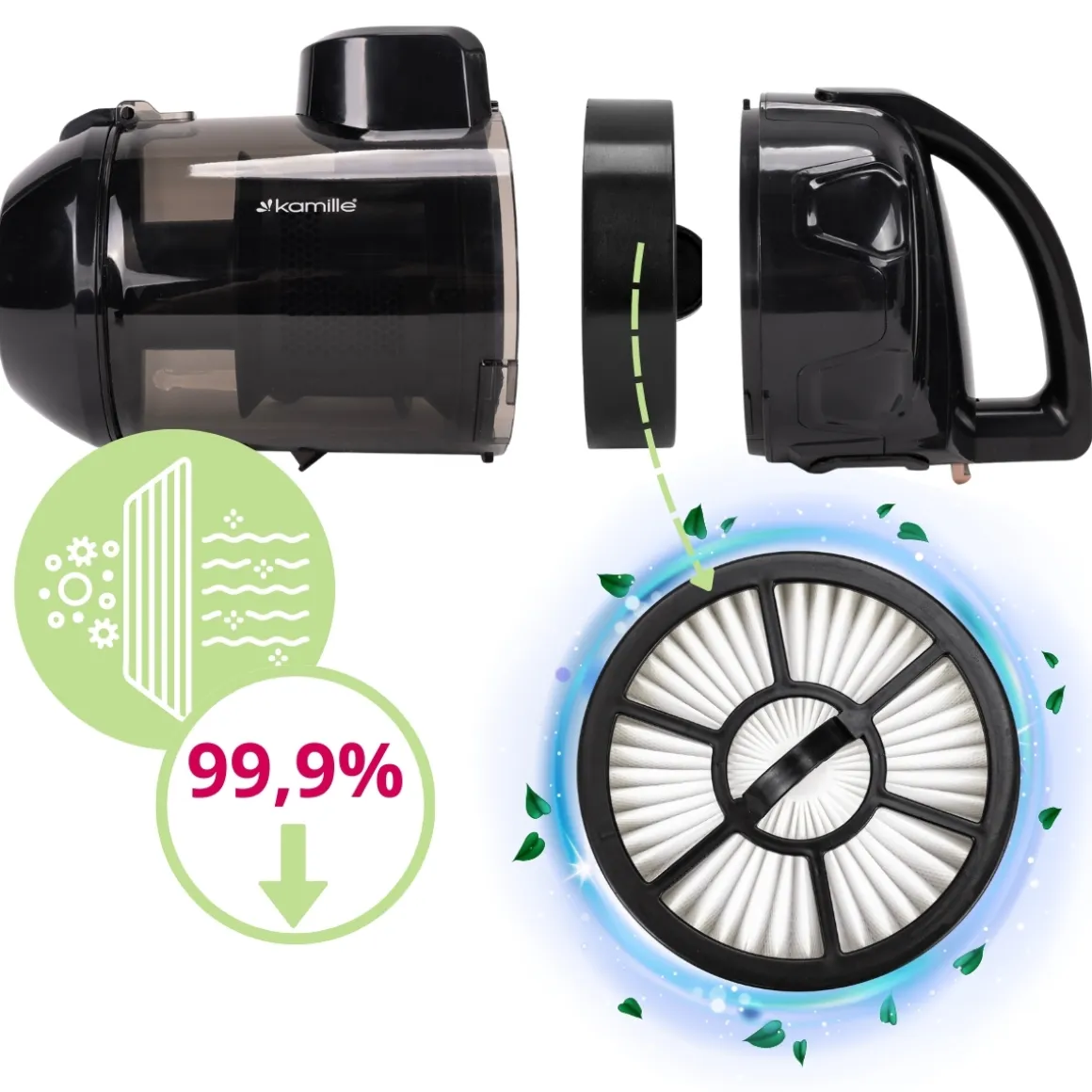 ODKURZACZ BEZWORKOWY CYKLONOWY KAMILLE MOCNY 800W AKCESORIA FILTR HEPA