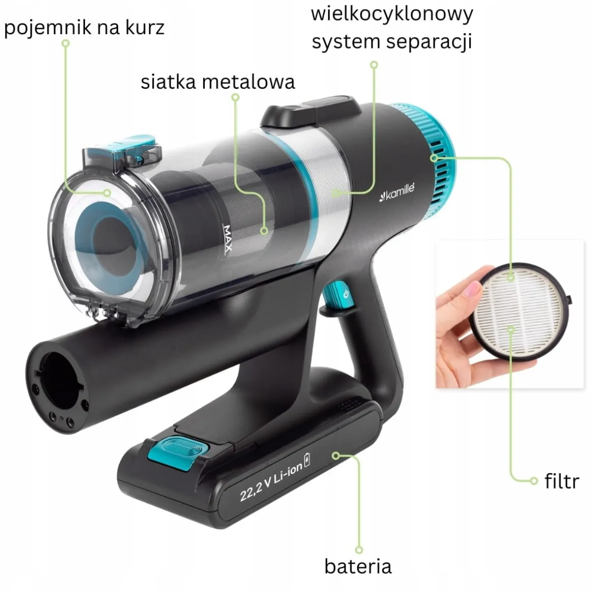 Odkurzacz pionowy bezprzewodowy FILTR HEPA + akcesoria 0,4L MOCNY