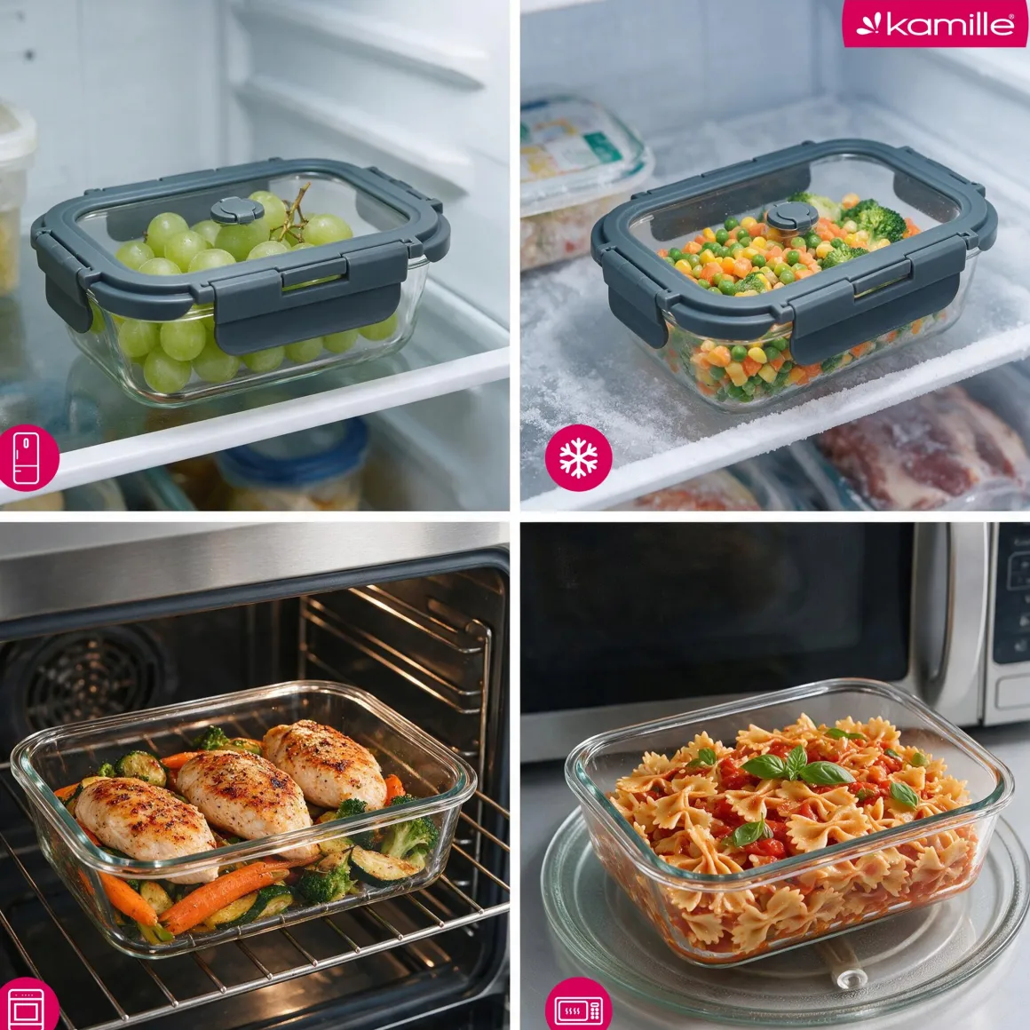 Solidne 4 x lunchbox szklane pojemniki na żywność żaroodporne zestaw Kamille