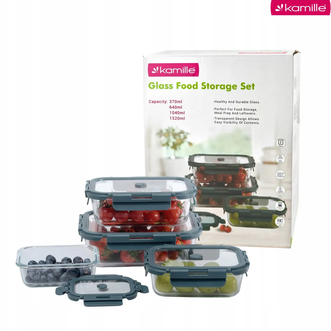 Solidne 4 x lunchbox szklane pojemniki na żywność żaroodporne zestaw Kamille