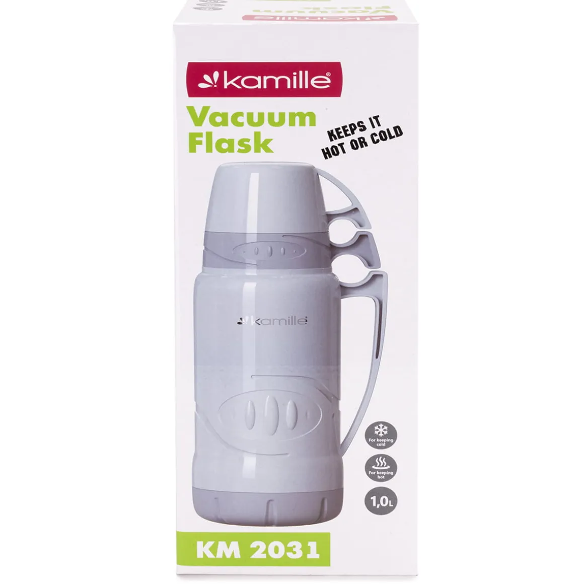 Termos ze szklanym wkładem, uchwytem i kubeczkami 1L