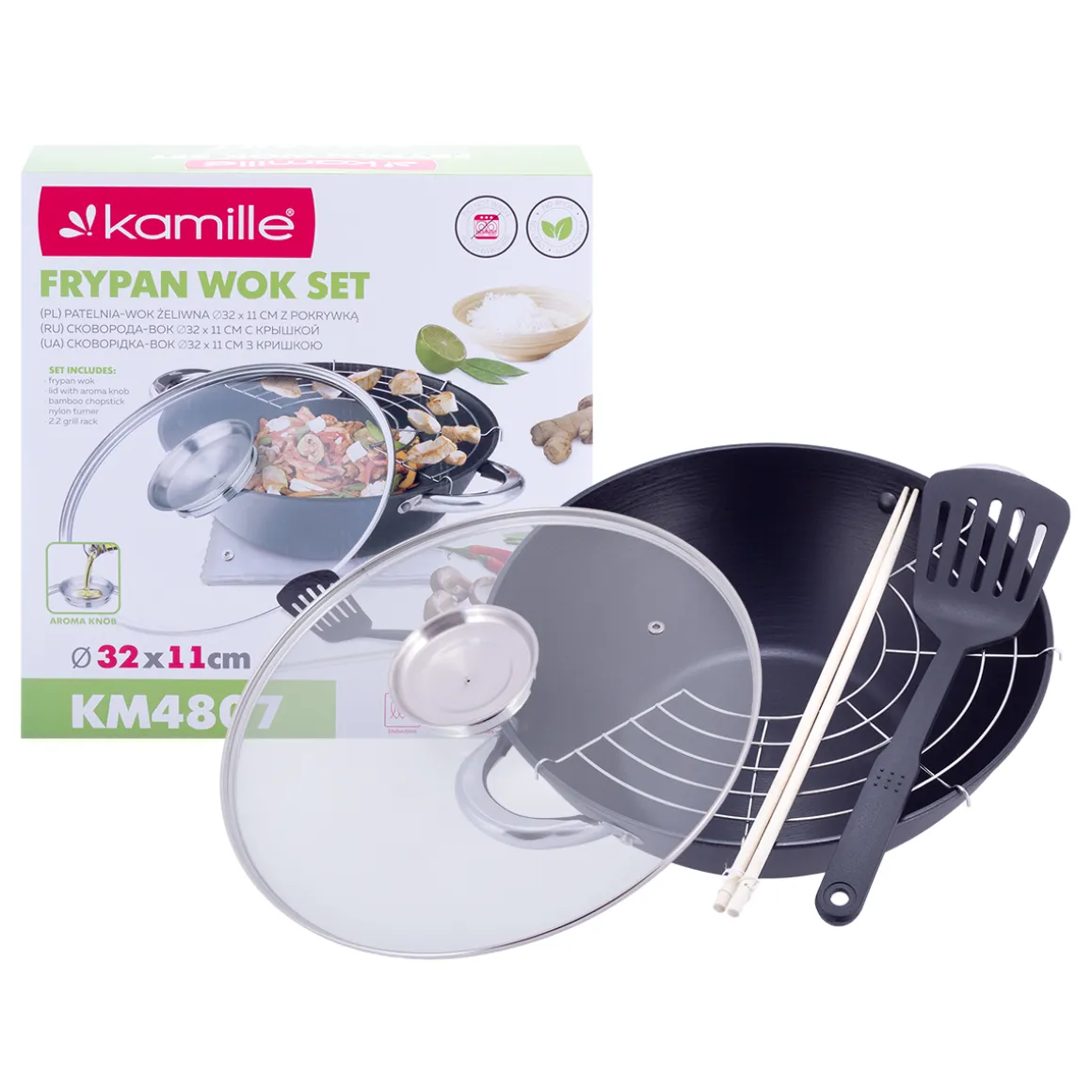 Wok patelnia żeliwna z powłoką marmurkową 32cm + gratisy