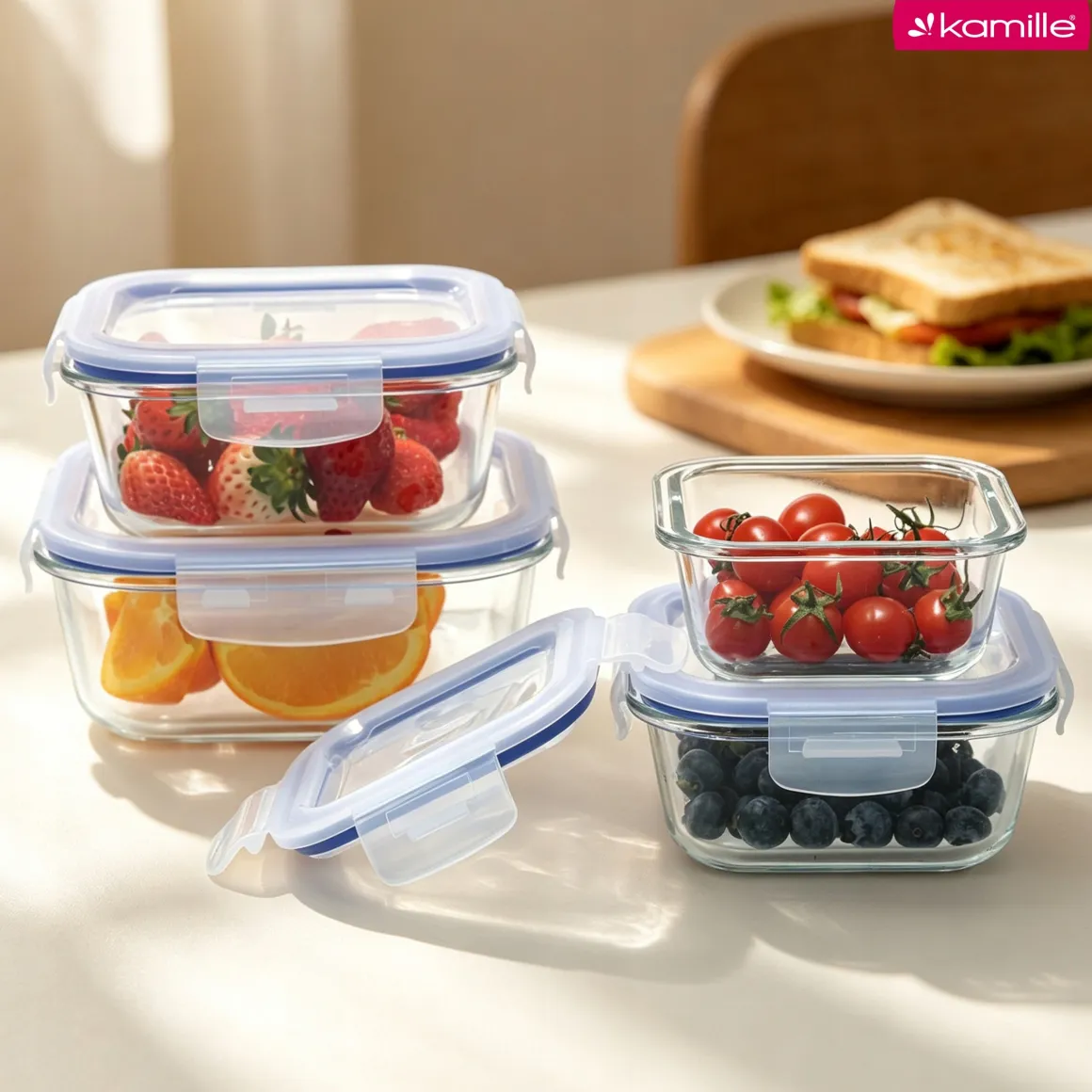 Wygodne 4 x lunchbox szklane pojemniki na żywność żaroodporne Kamille