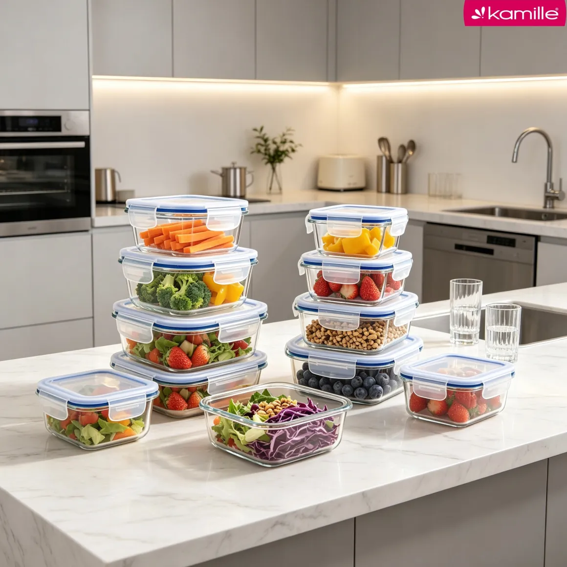 4 x lunchbox szklane pojemniki na żywność żaroodporne zestaw Kamille