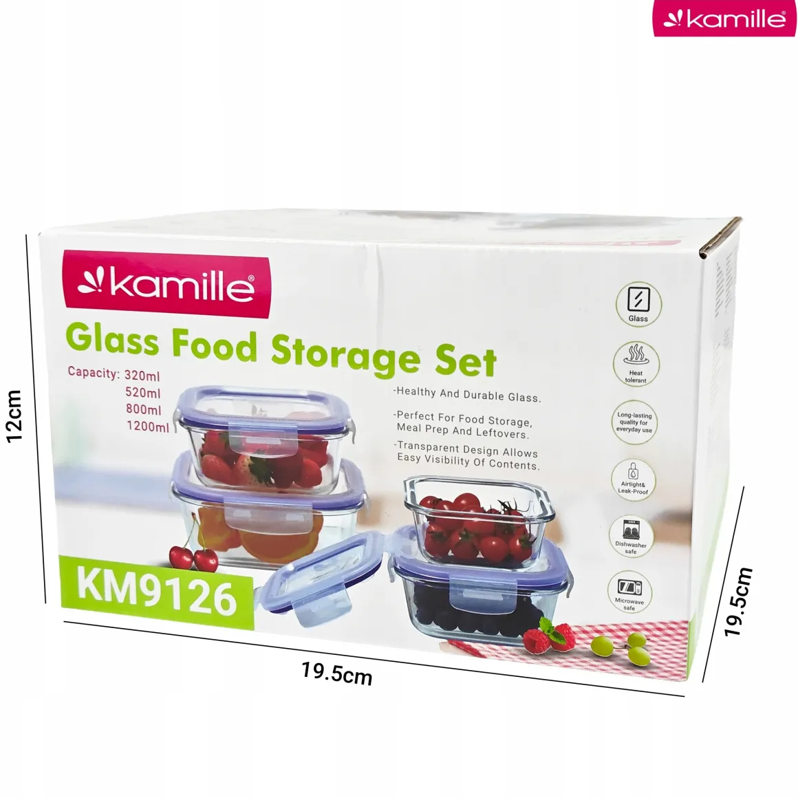 4 x lunchbox szklane pojemniki na żywność żaroodporne zestaw Kamille