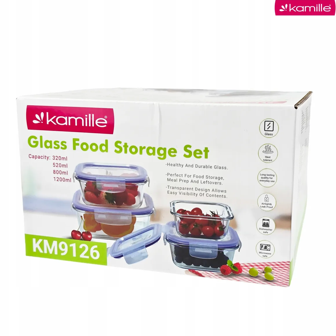 4 x lunchbox szklane pojemniki na żywność żaroodporne zestaw Kamille