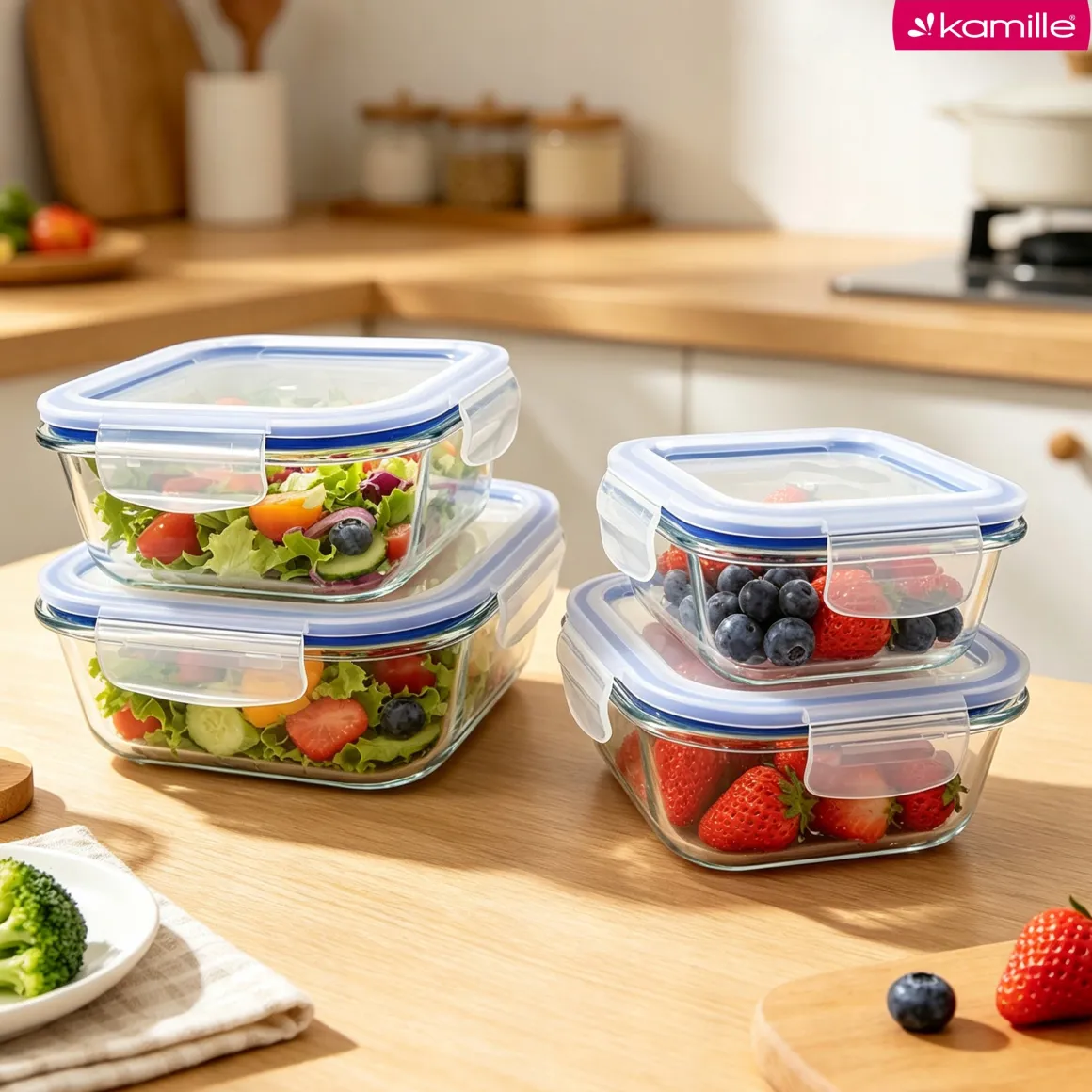 4 x lunchbox szklane pojemniki na żywność żaroodporne zestaw Kamille