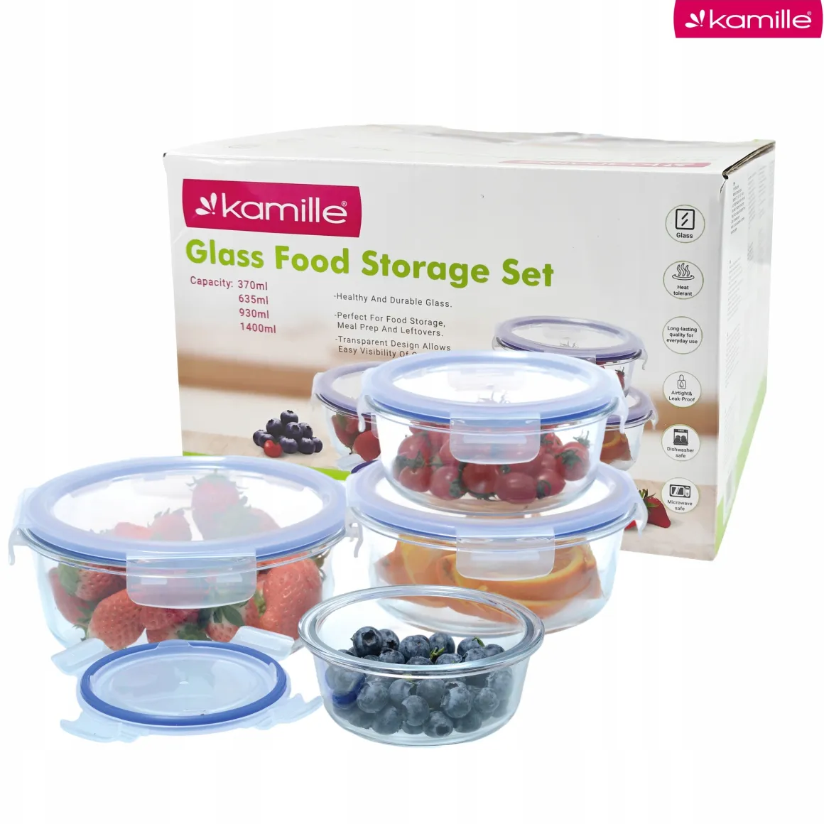 4 x lunchbox szklane pojemniki okrągłe na żywność żaroodporne zestaw Kamille
