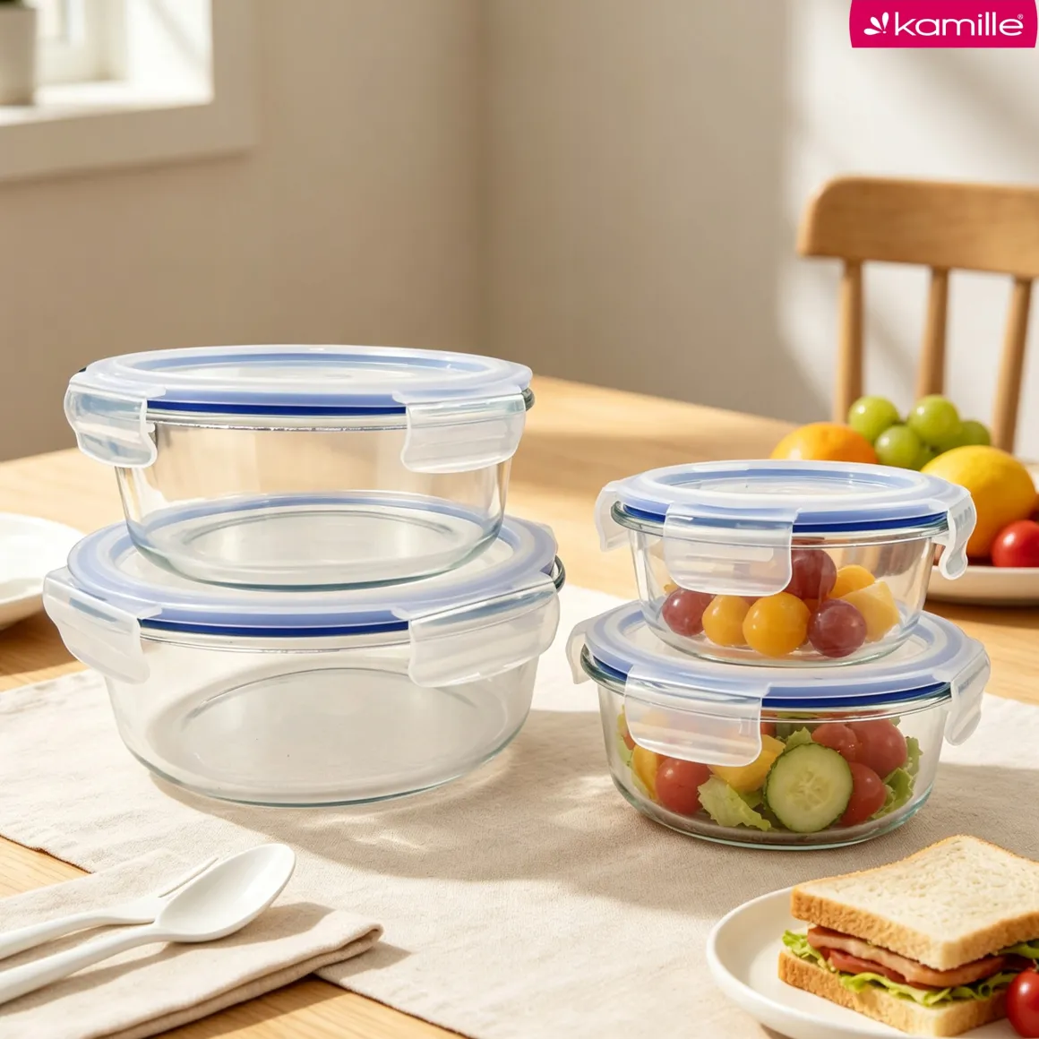 4 x lunchbox szklane pojemniki okrągłe na żywność żaroodporne zestaw Kamille