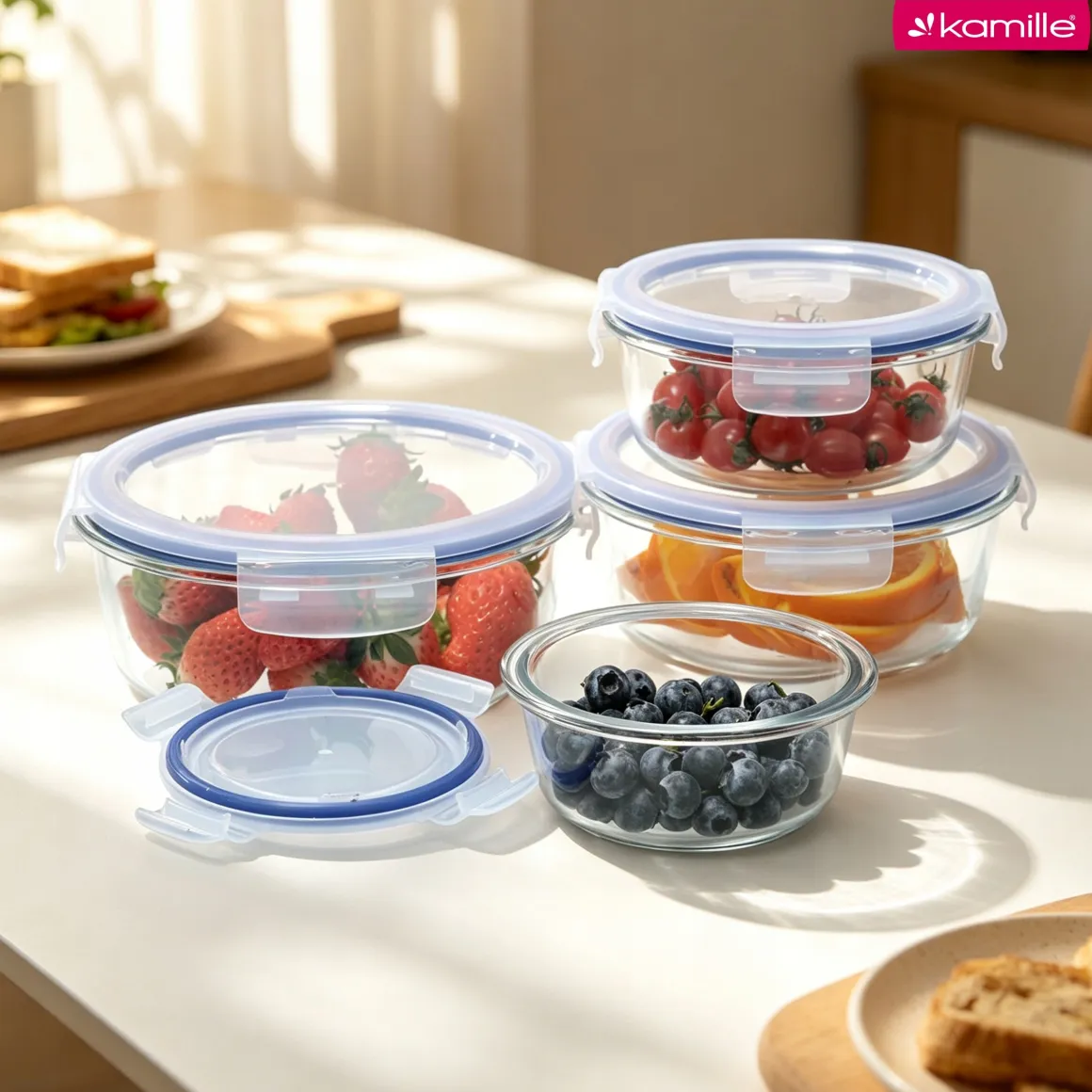 4 x lunchbox szklane pojemniki okrągłe na żywność żaroodporne zestaw Kamille