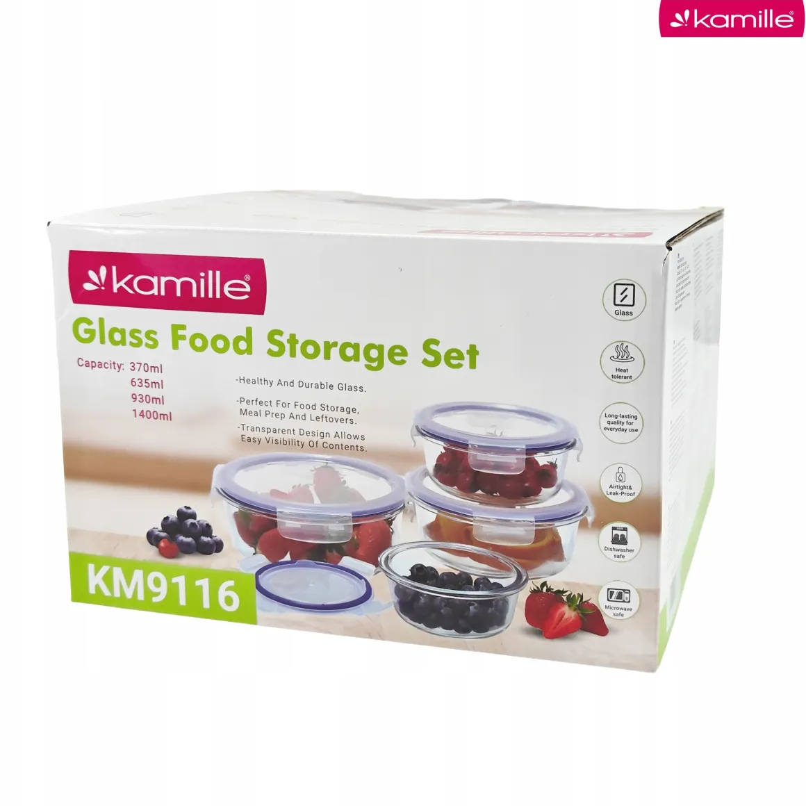 4 x lunchbox szklane pojemniki okrągłe na żywność żaroodporne zestaw Kamille