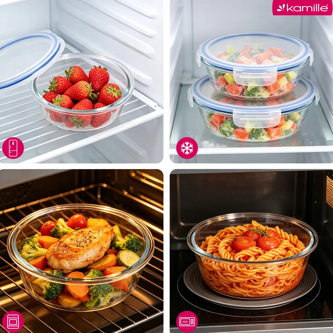 4 x lunchbox szklane pojemniki okrągłe na żywność żaroodporne zestaw Kamille