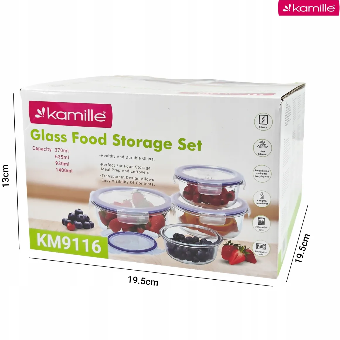 4 x lunchbox szklane pojemniki okrągłe na żywność żaroodporne zestaw Kamille