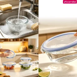 4 x lunchbox szklane pojemniki okrągłe na żywność żaroodporne zestaw Kamille
