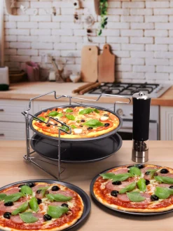 ZESTAW 4 BLACH FORM DO PIZZY ZE STOJAKIEM FORMA DO PIZZY 30 cm KAMILLE