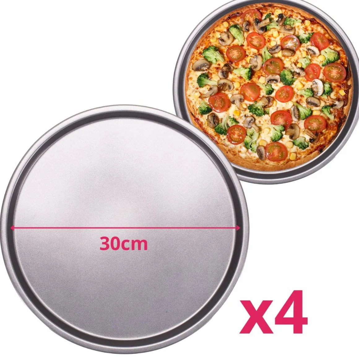 ZESTAW 4 BLACH FORM DO PIZZY ZE STOJAKIEM FORMA DO PIZZY 30 cm KAMILLE