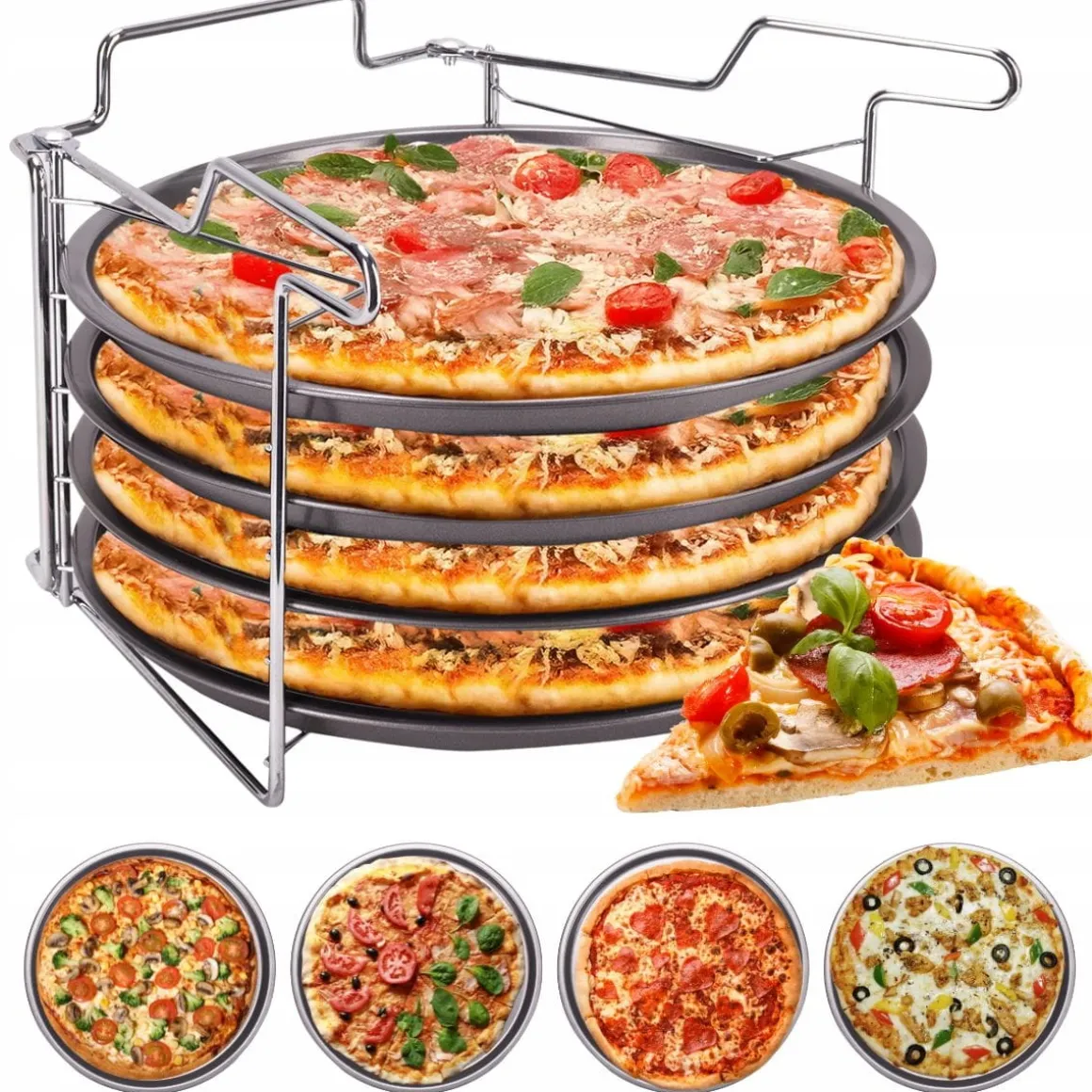 ZESTAW 4 BLACH FORM DO PIZZY ZE STOJAKIEM FORMA DO PIZZY 30 cm KAMILLE