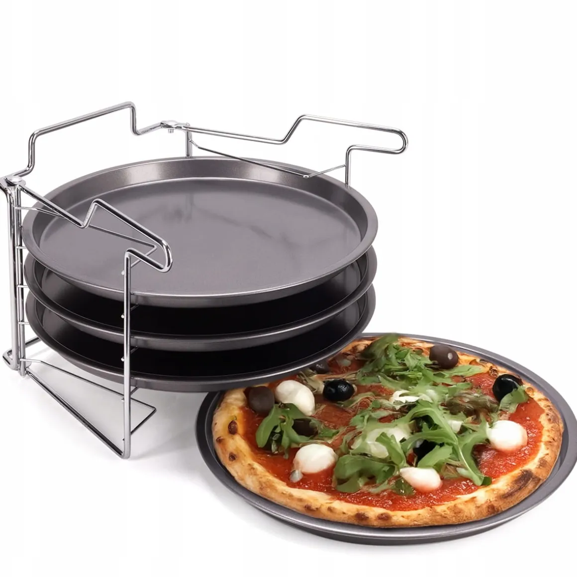 ZESTAW 4 BLACH FORM DO PIZZY ZE STOJAKIEM FORMA DO PIZZY 30 cm KAMILLE
